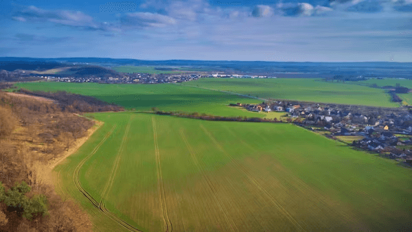 Drone aerial view of green field for environmental monitoring